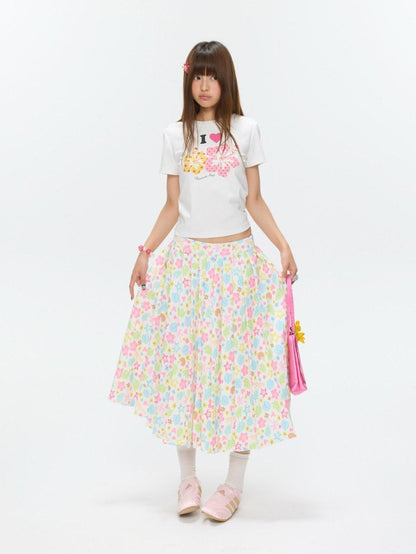 BETWEENAND Two Tone Floral Print Crewneck Short Sleeve Women&