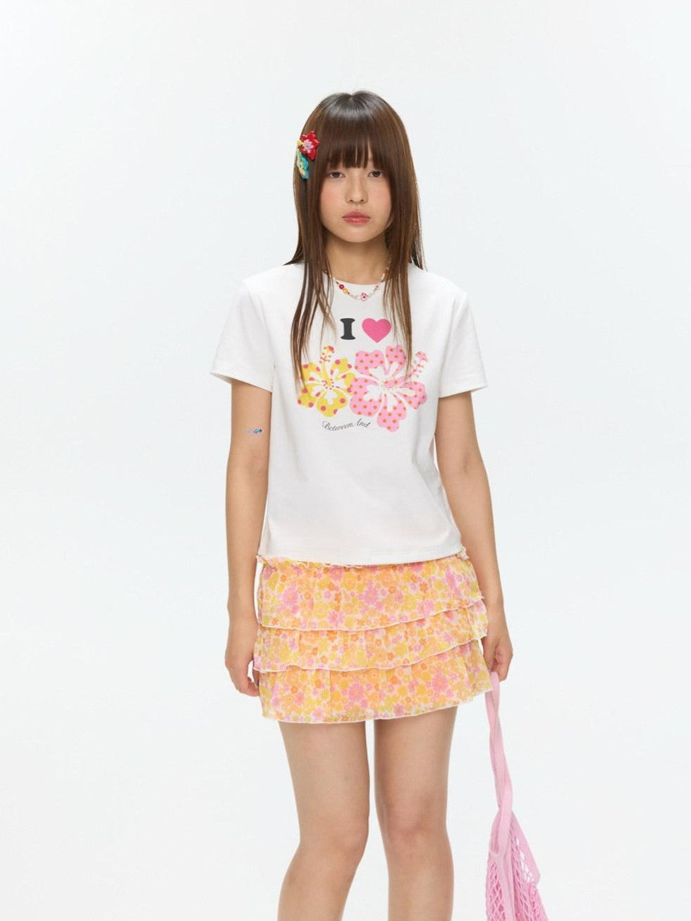 BETWEENAND Two Tone Floral Print Crewneck Short Sleeve Women&