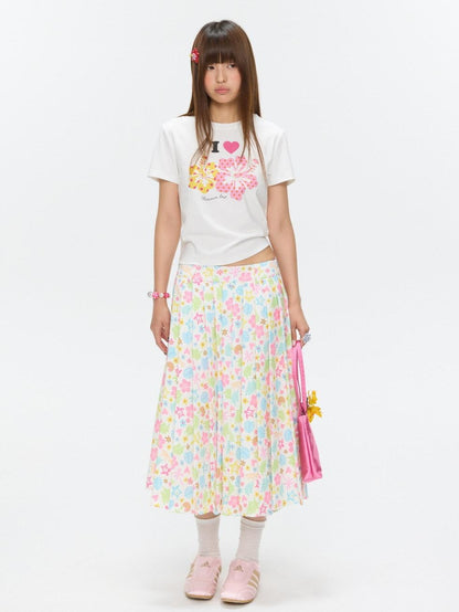 BETWEENAND Two Tone Floral Print Crewneck Short Sleeve Women&