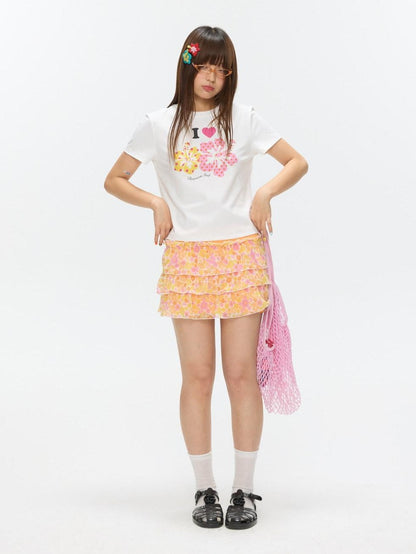 BETWEENAND Two Tone Floral Print Crewneck Short Sleeve Women&