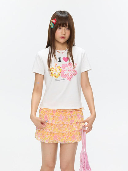 BETWEENAND Two Tone Floral Print Crewneck Short Sleeve Women&