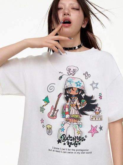 BETWEENAND Two Tone Illustration Print Half High Neck Women&