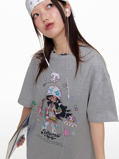 BETWEENAND Two Tone Illustration Print Half High Neck Women&