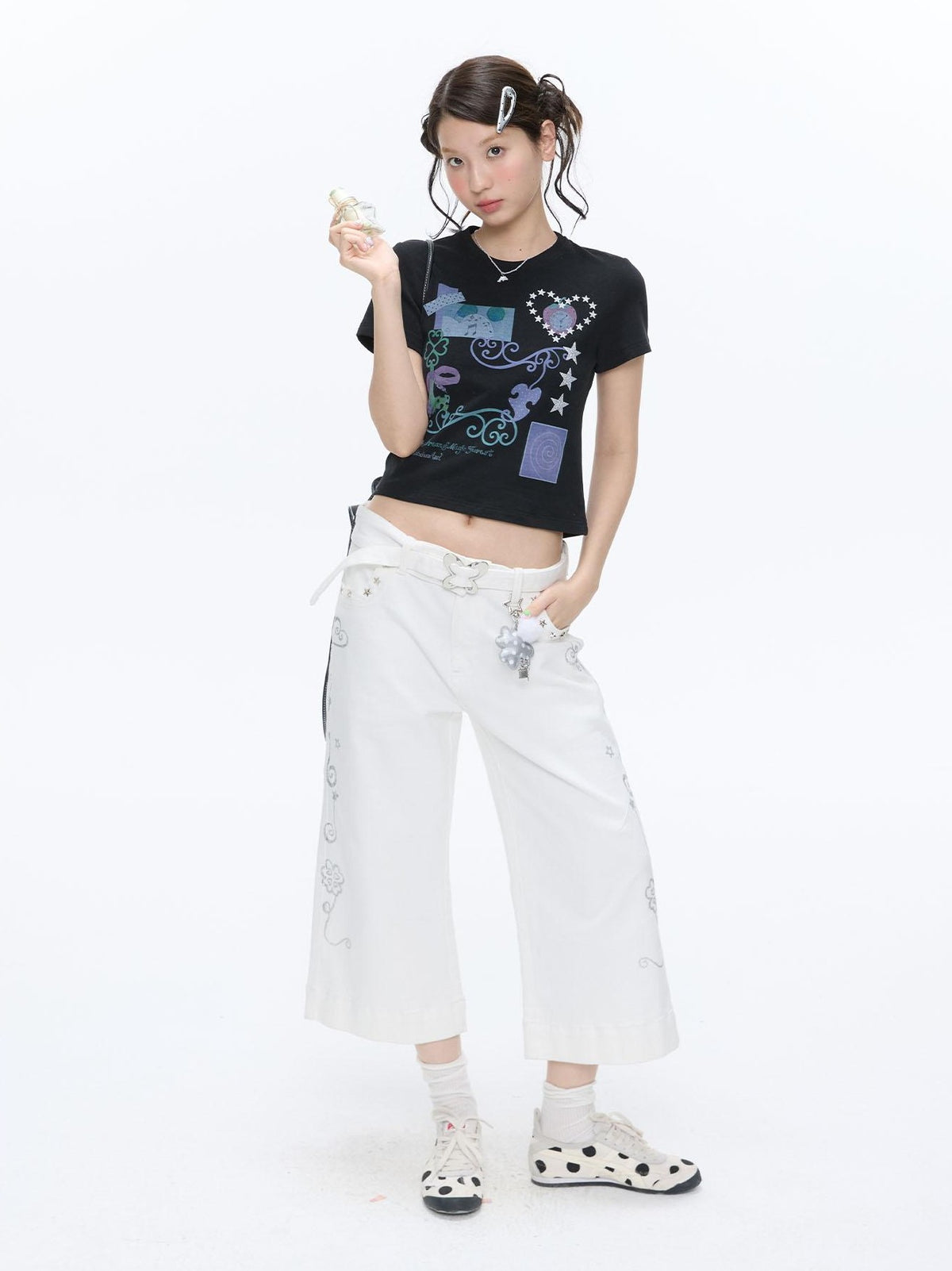 BETWEENAND Two Tone Vine Print Straight Shoulder Slim Fit Women&