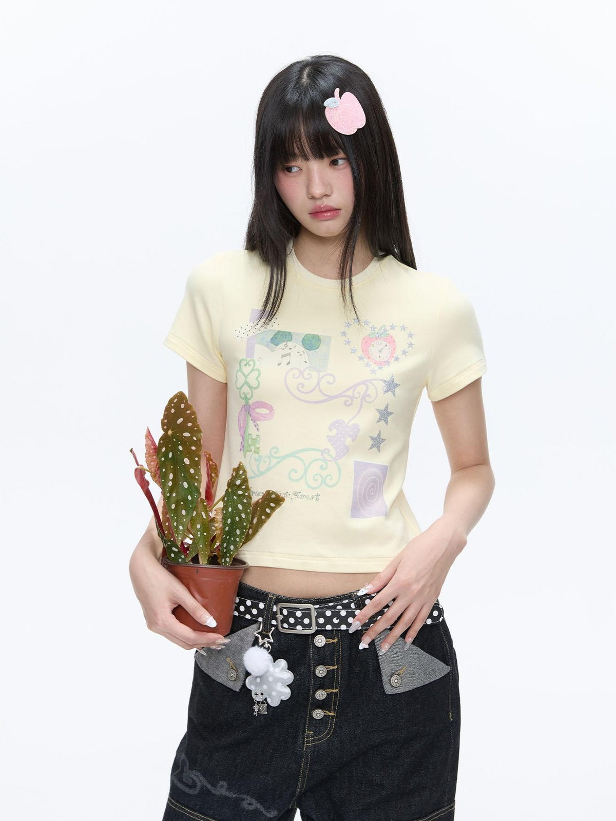 BETWEENAND Two Tone Vine Print Straight Shoulder Slim Fit Women&