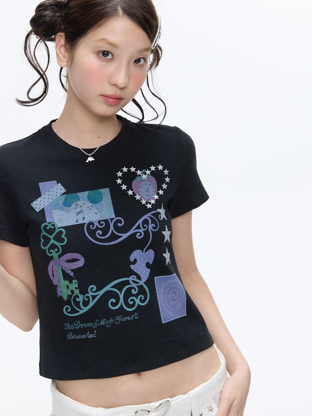 BETWEENAND Two Tone Vine Print Straight Shoulder Slim Fit Women&