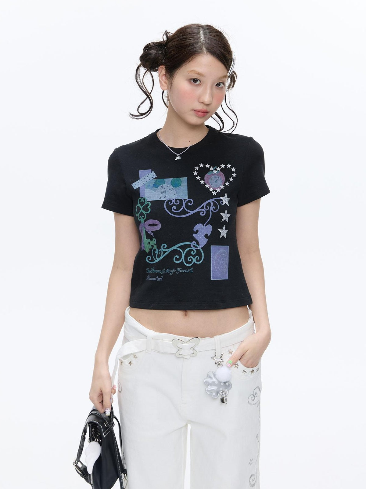 BETWEENAND Two Tone Vine Print Straight Shoulder Slim Fit Women&