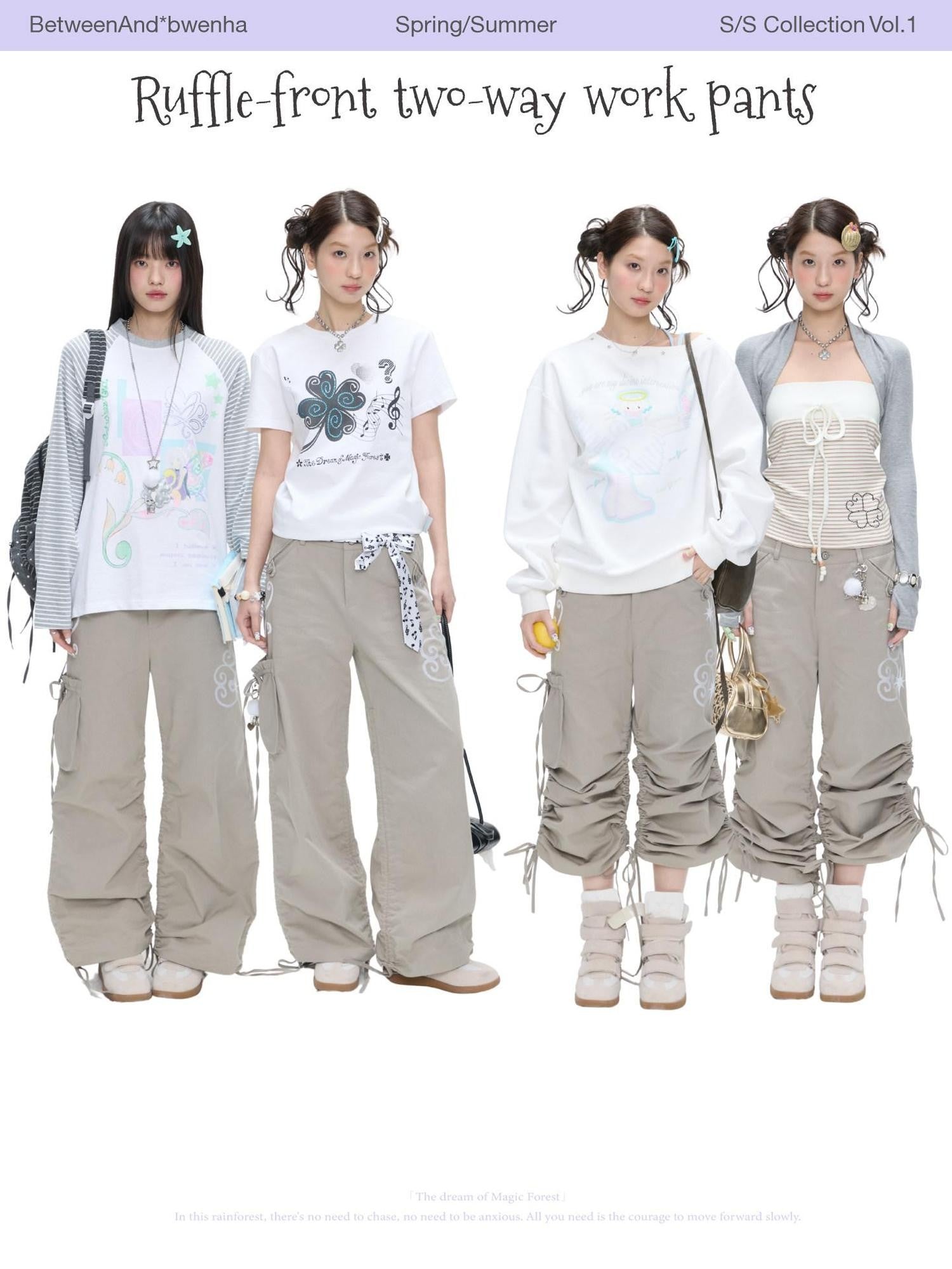 BETWEENAND Vine Embroidery Pleated Dual Drawstring Women&