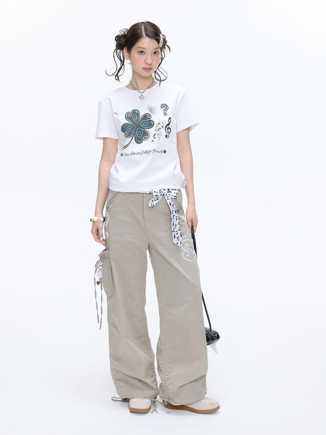 BETWEENAND Vine Embroidery Pleated Dual Drawstring Women&