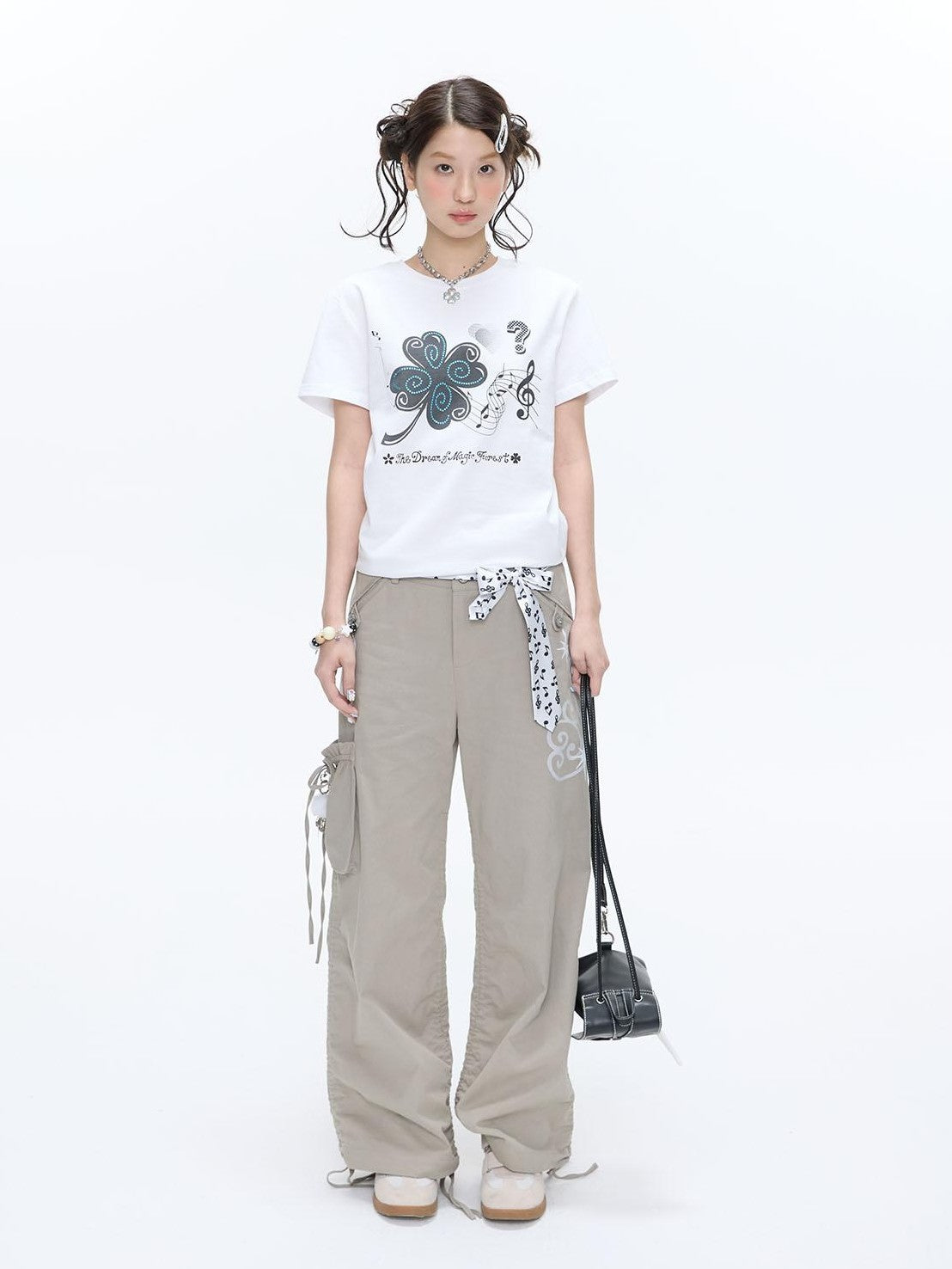 BETWEENAND Vine Embroidery Pleated Dual Drawstring Women&