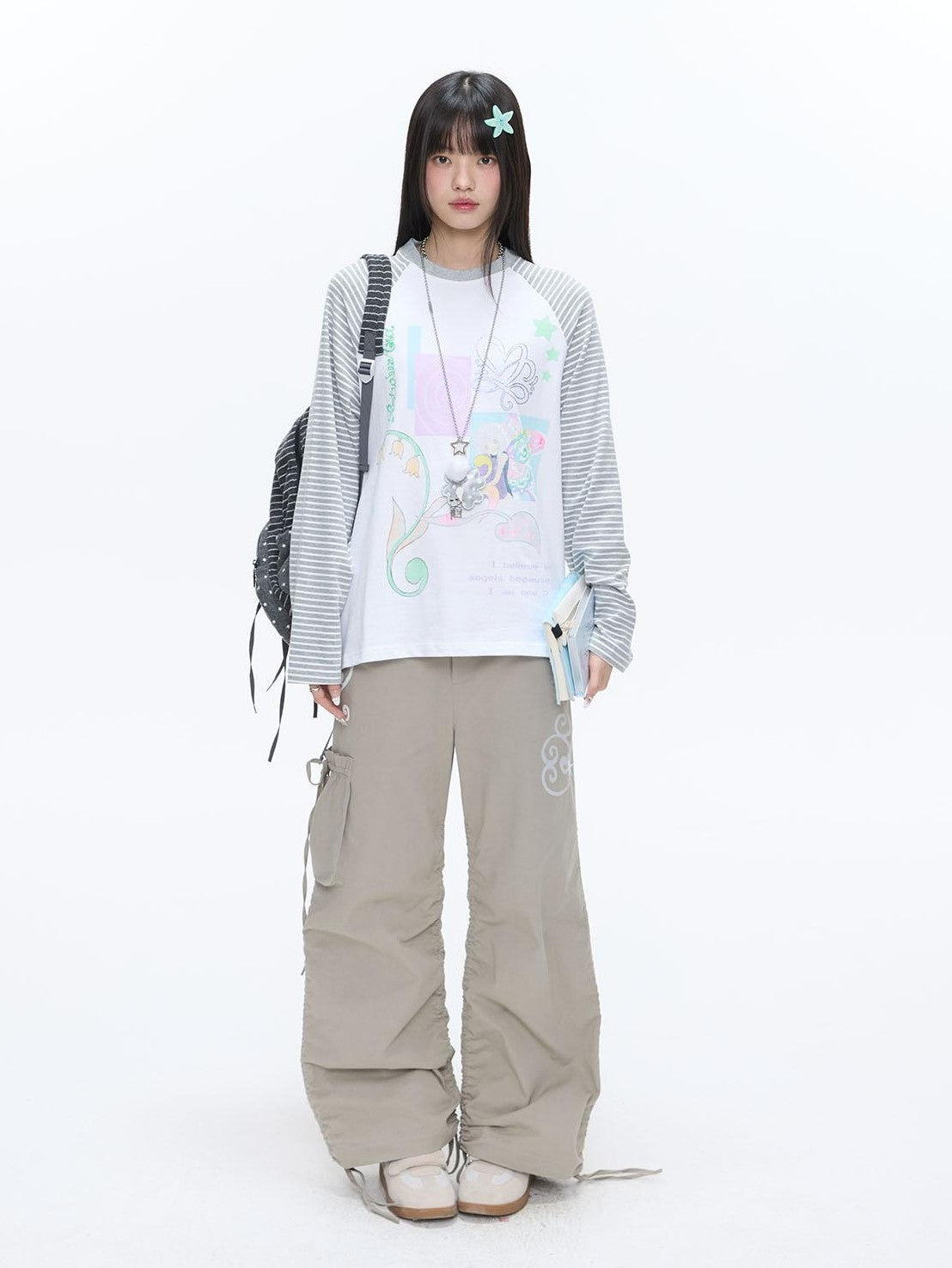 BETWEENAND Vine Embroidery Pleated Dual Drawstring Women&