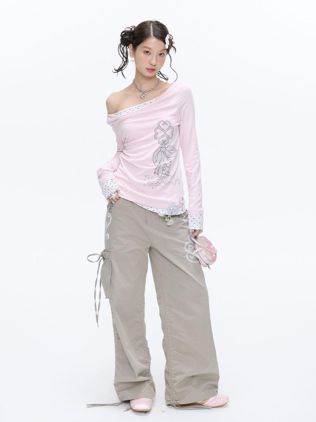 BETWEENAND Vine Embroidery Pleated Dual Drawstring Women&