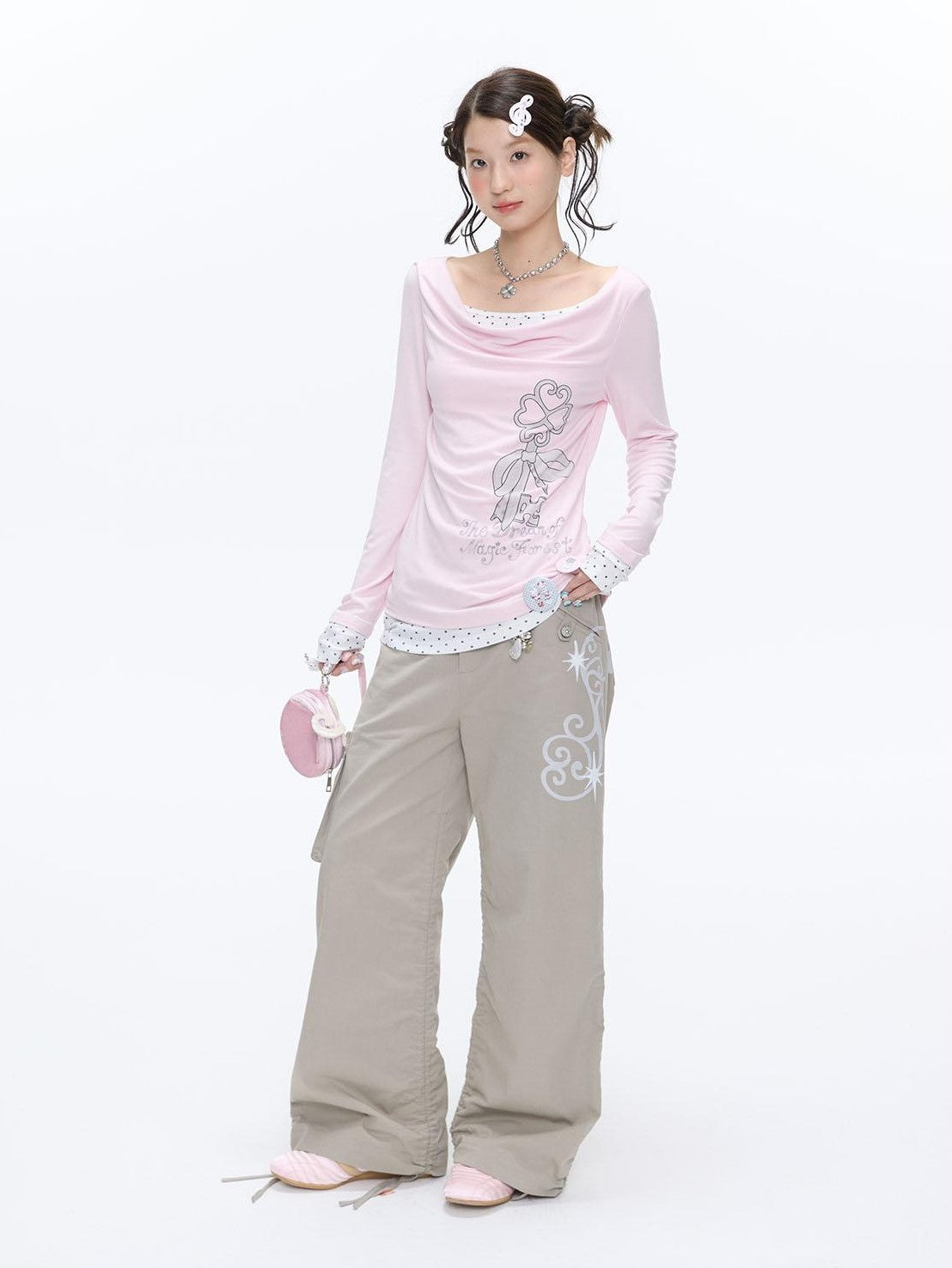BETWEENAND Vine Embroidery Pleated Dual Drawstring Women&