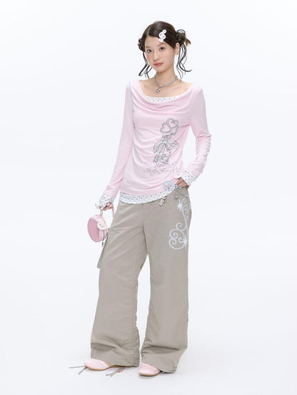 BETWEENAND Vine Embroidery Pleated Dual Drawstring Women&