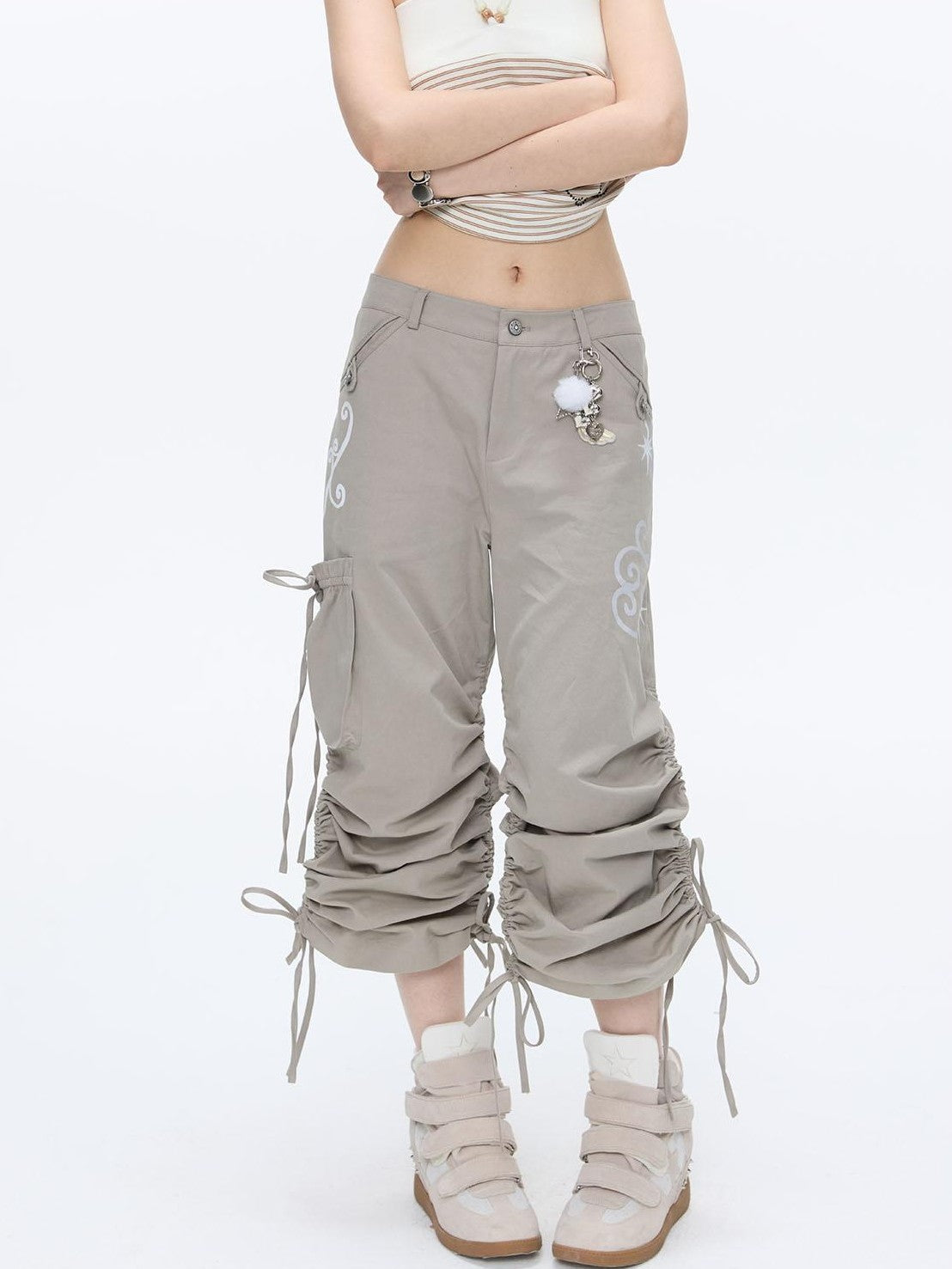 BETWEENAND Vine Embroidery Pleated Dual Drawstring Women&