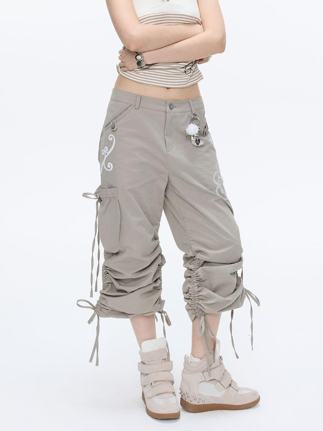 BETWEENAND Vine Embroidery Pleated Dual Drawstring Women&