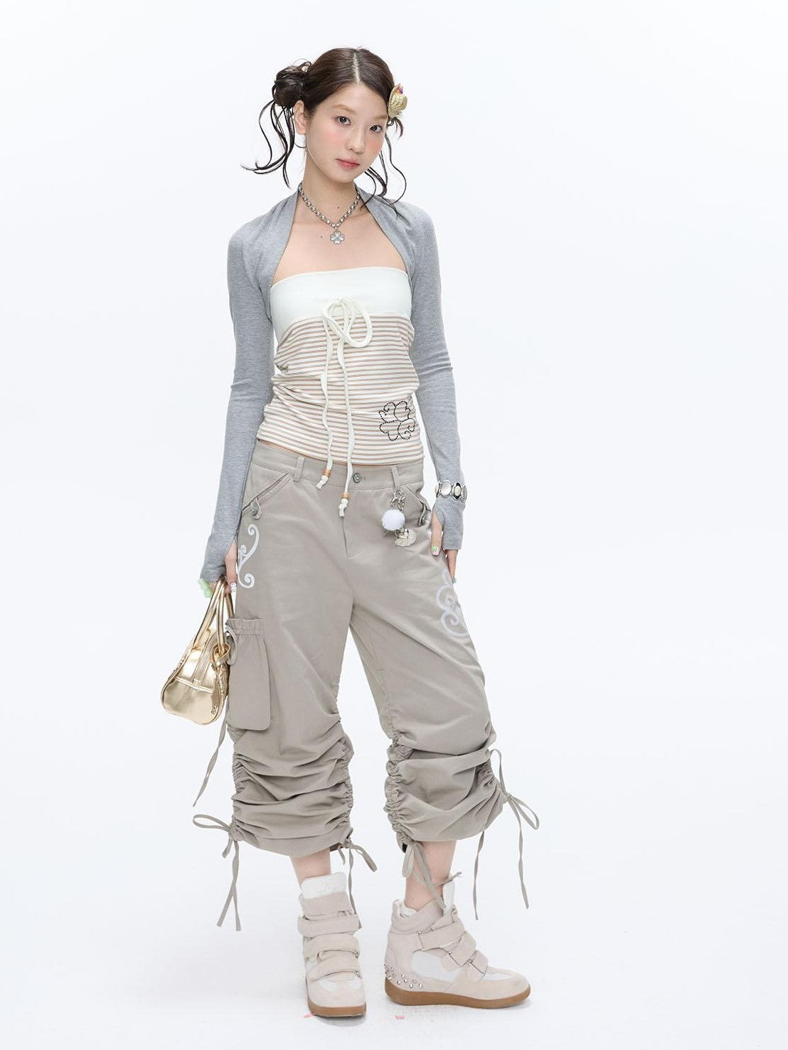 BETWEENAND Vine Embroidery Pleated Dual Drawstring Women&