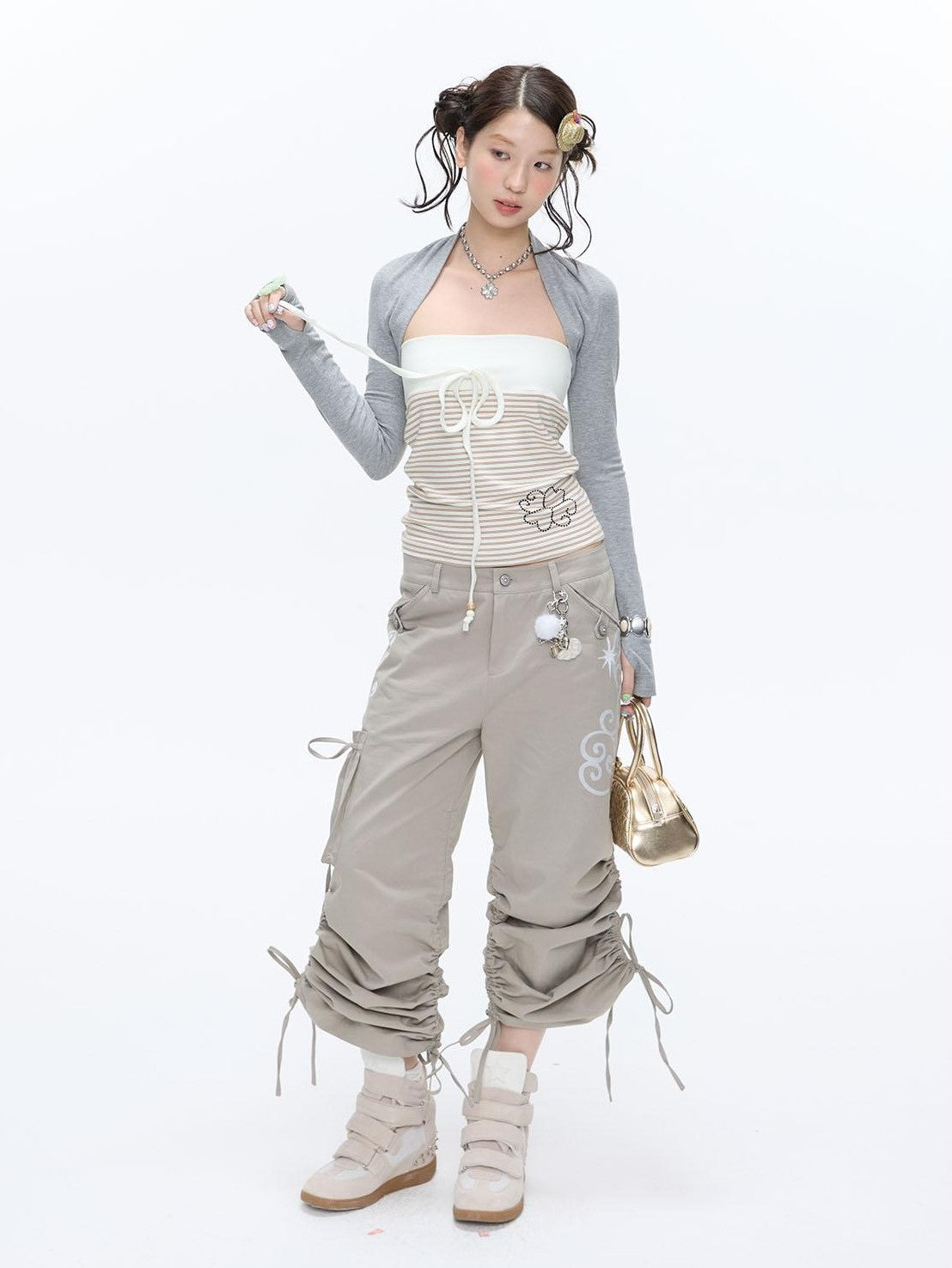 BETWEENAND Vine Embroidery Pleated Dual Drawstring Women&
