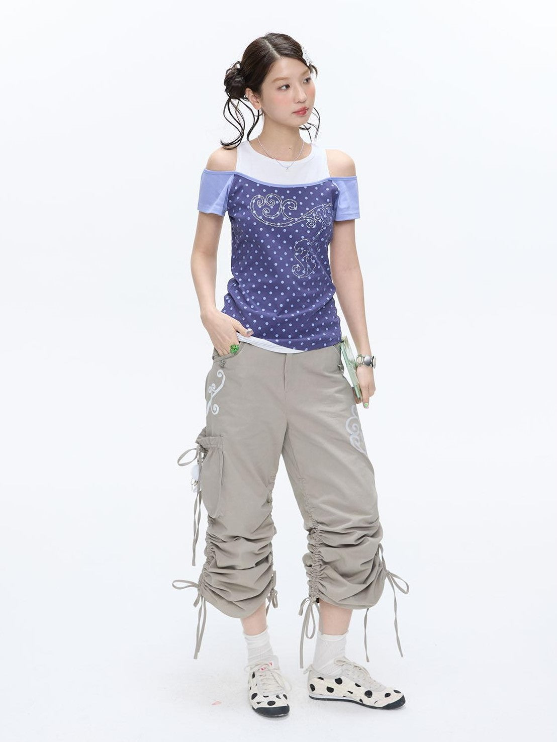 BETWEENAND Vine Embroidery Pleated Dual Drawstring Women&