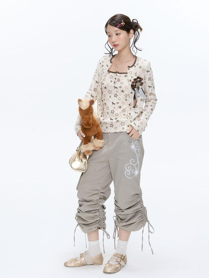 BETWEENAND Vine Embroidery Pleated Dual Drawstring Women&