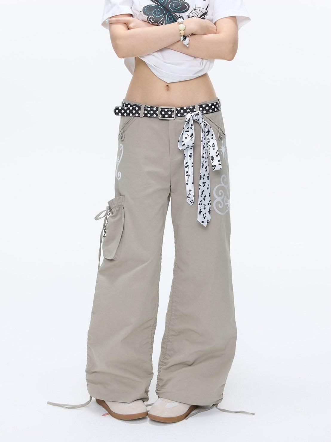 BETWEENAND Vine Embroidery Pleated Dual Drawstring Women&