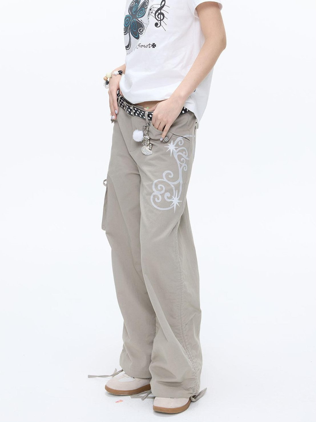 BETWEENAND Vine Embroidery Pleated Dual Drawstring Women&
