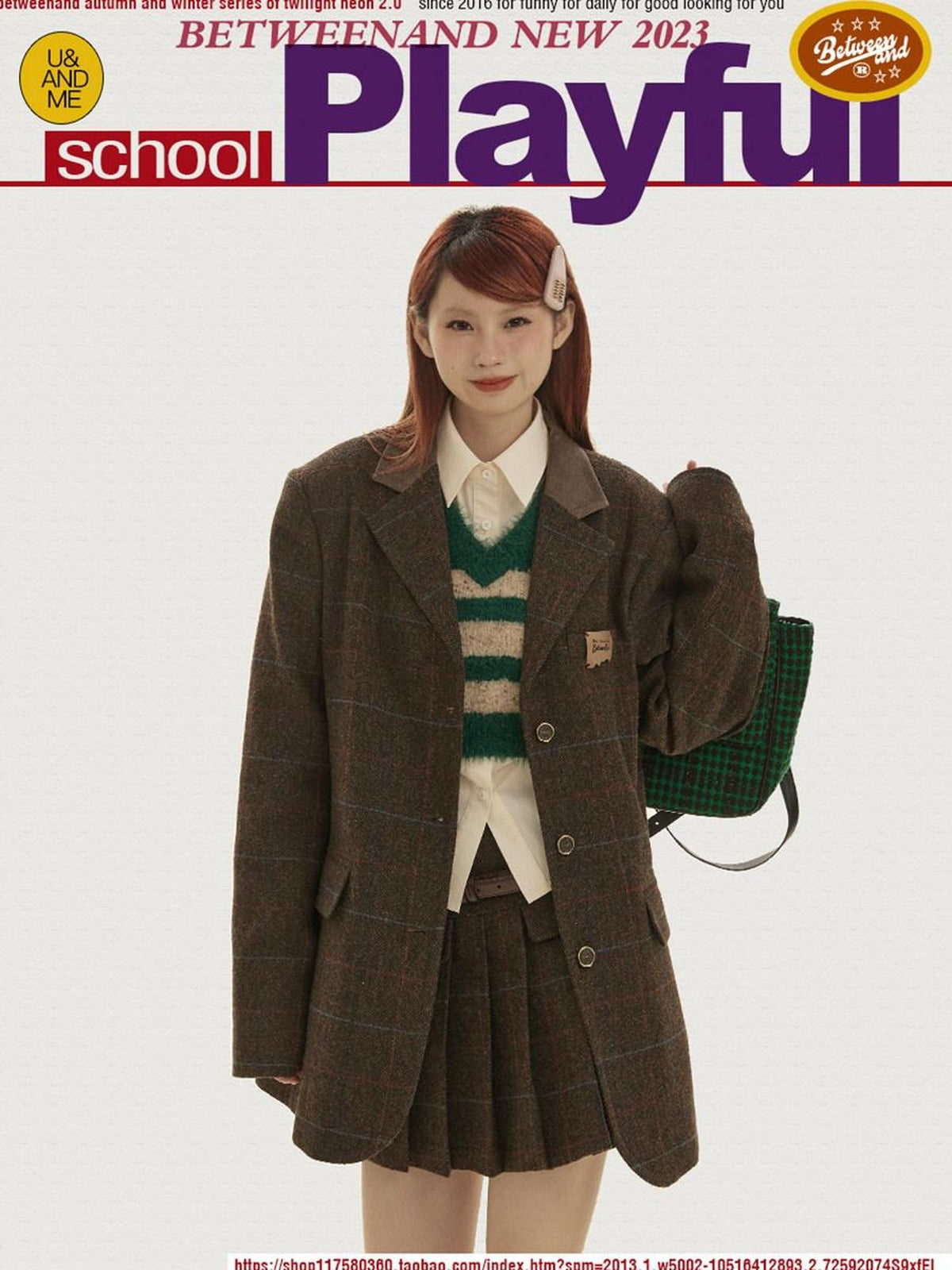 BETWEENAND Vintage Brown Plaid A Line Pleated Women&