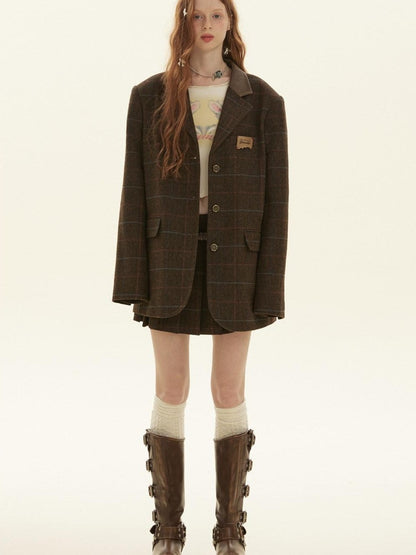 BETWEENAND Vintage Brown Plaid A Line Pleated Women&