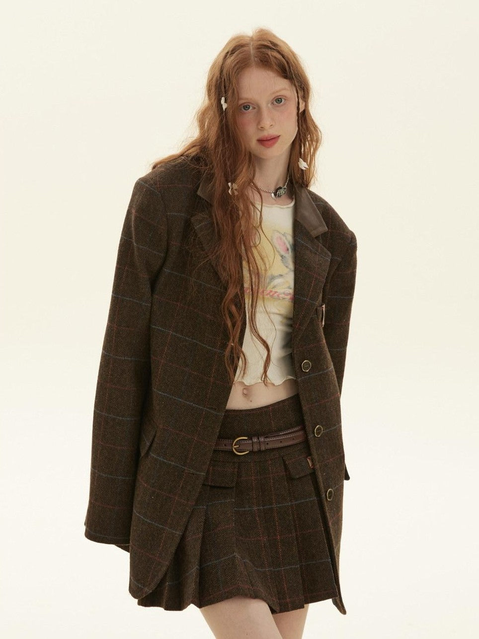 BETWEENAND Vintage Brown Plaid A Line Pleated Women&