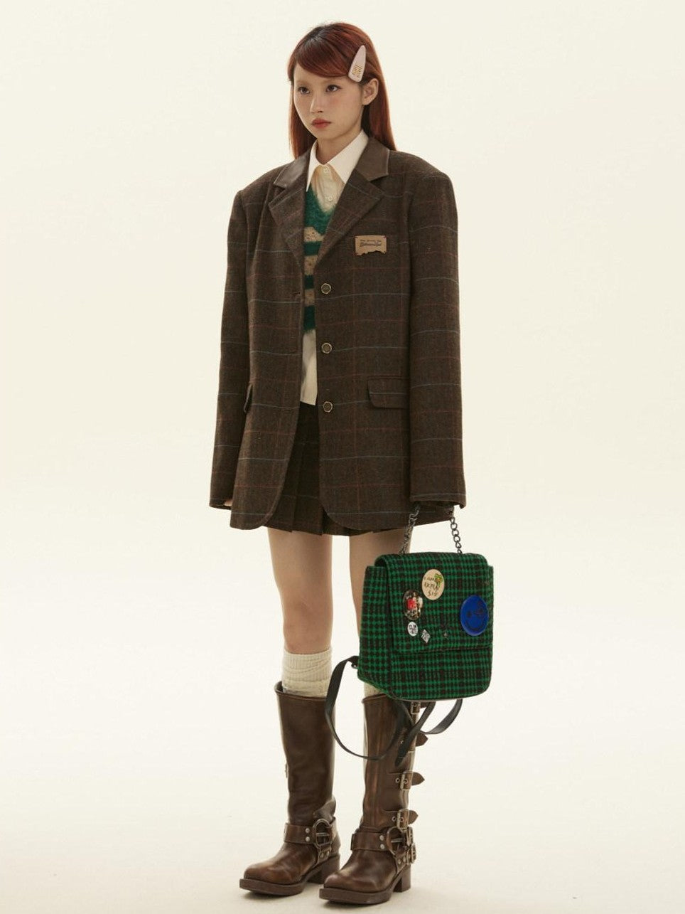 BETWEENAND Vintage Brown Plaid A Line Pleated Women&