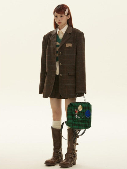 BETWEENAND Vintage Brown Plaid A Line Pleated Women&