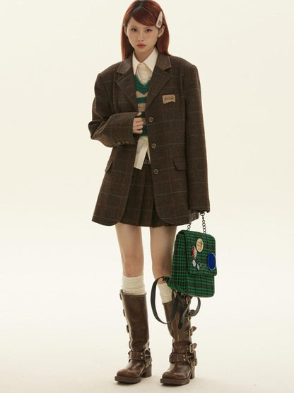 BETWEENAND Vintage Brown Plaid A Line Pleated Women&