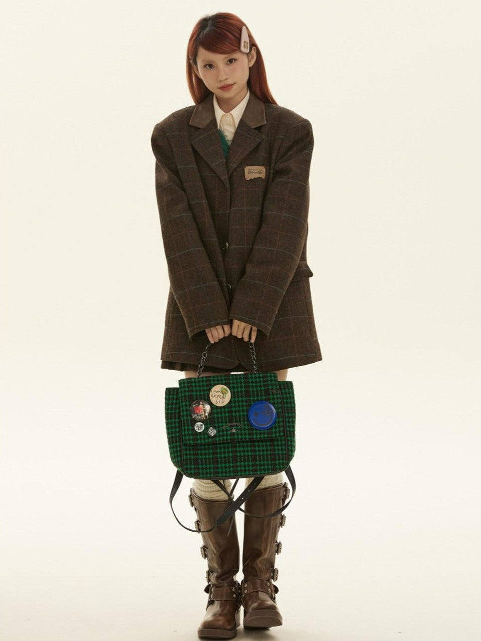 BETWEENAND Vintage Brown Plaid A Line Pleated Women&
