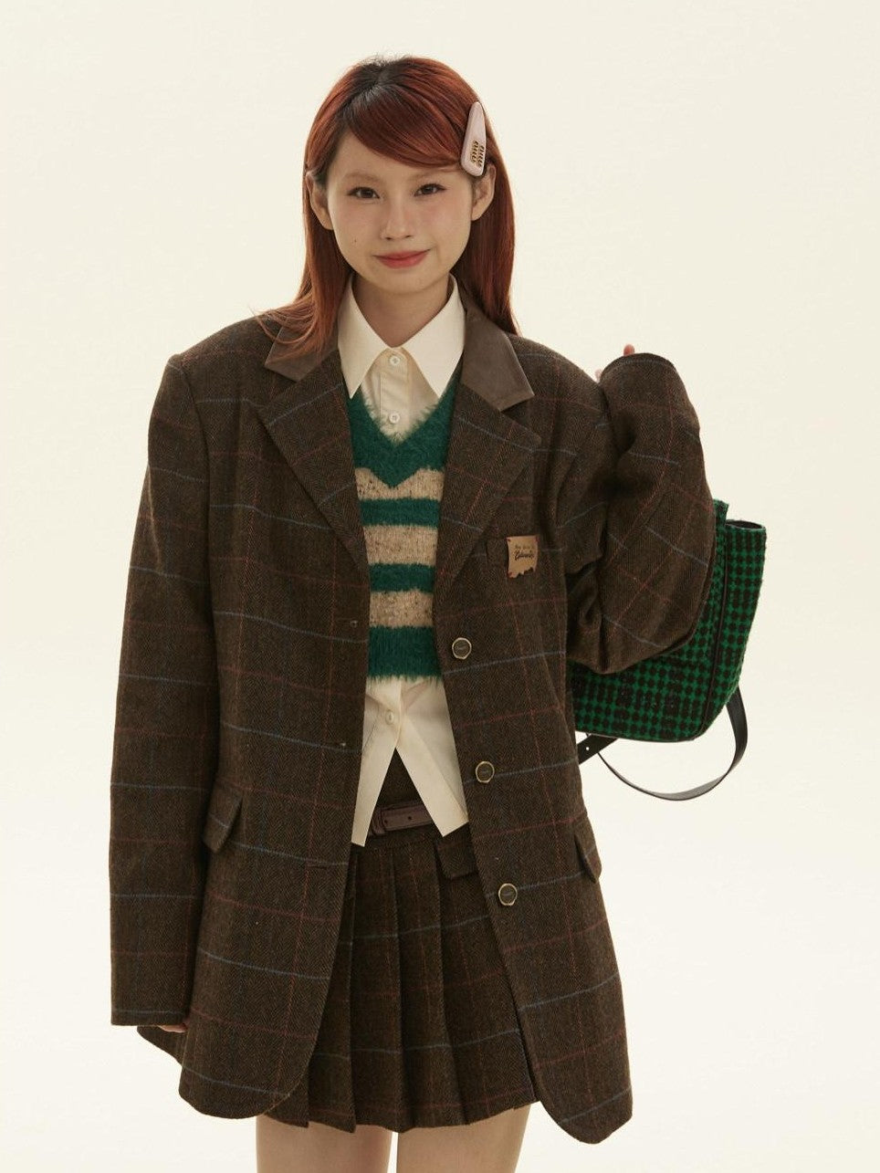 BETWEENAND Vintage Brown Plaid A Line Pleated Women&