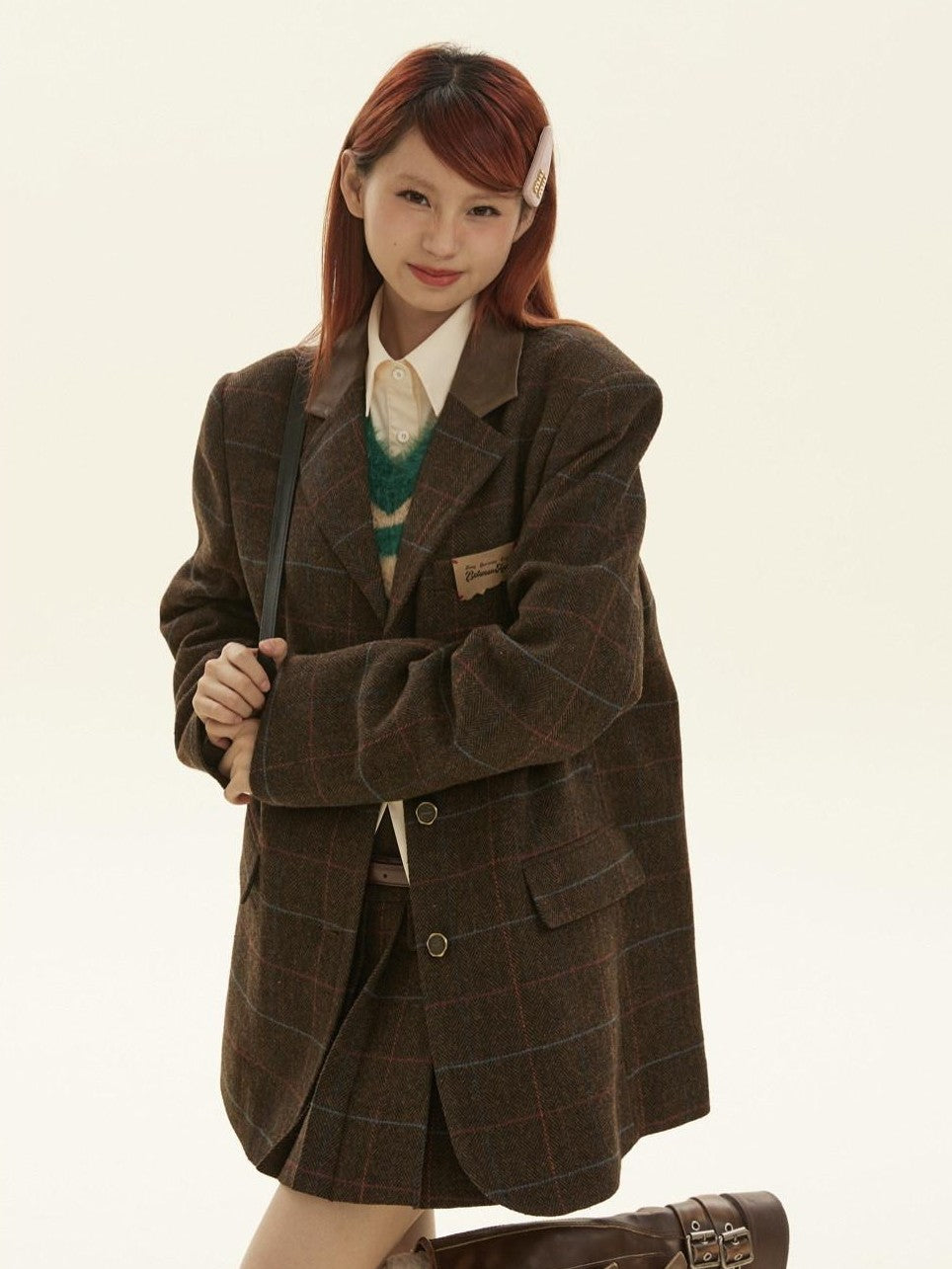 BETWEENAND Vintage Brown Plaid A Line Pleated Women&