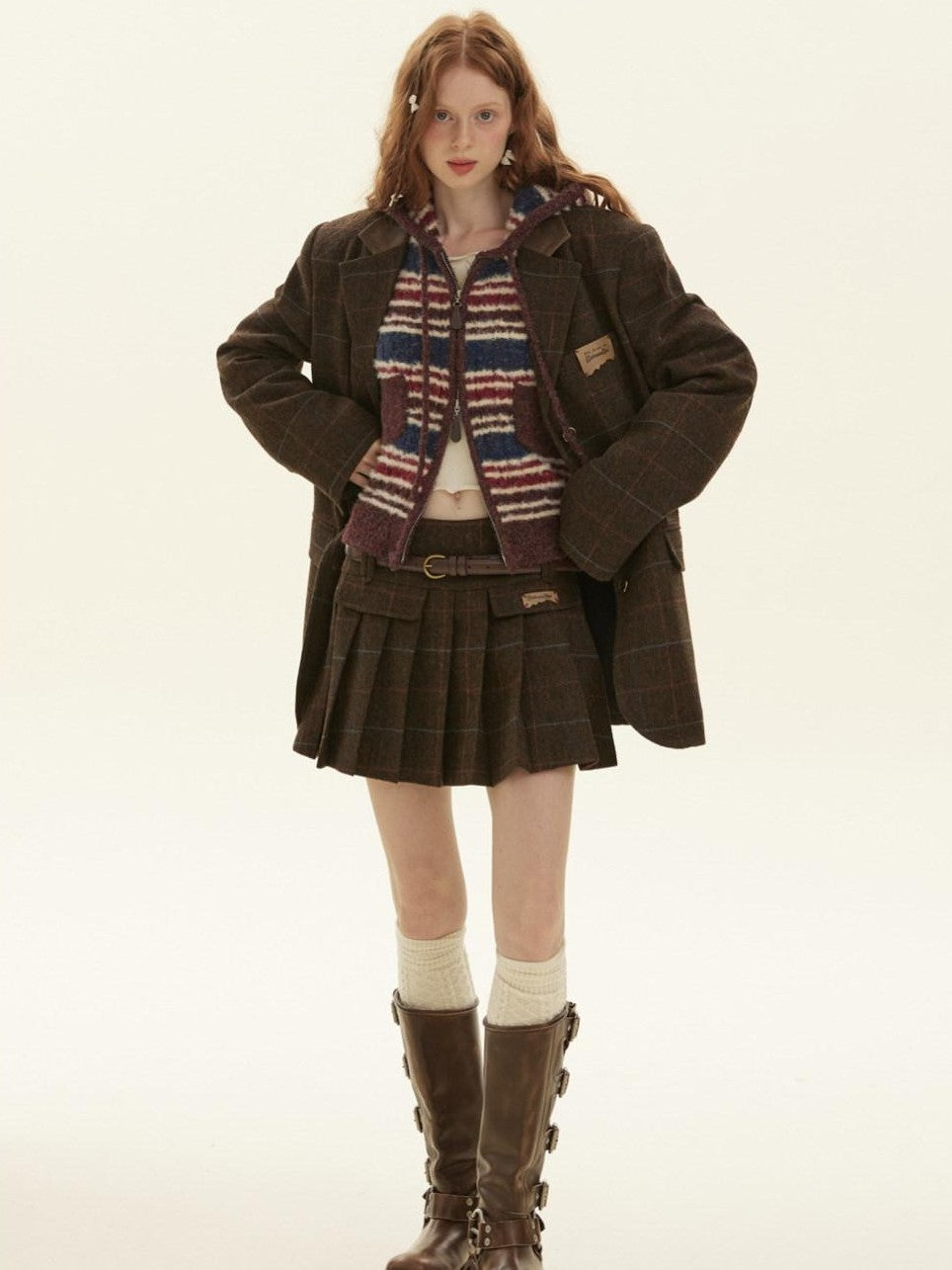BETWEENAND Vintage Brown Plaid A Line Pleated Women&