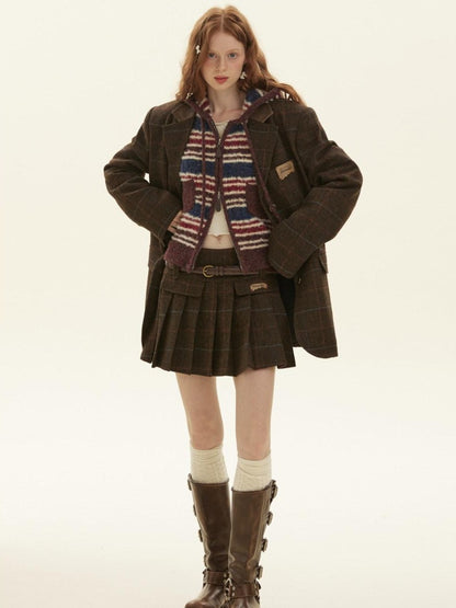 BETWEENAND Vintage Brown Plaid A Line Pleated Women&