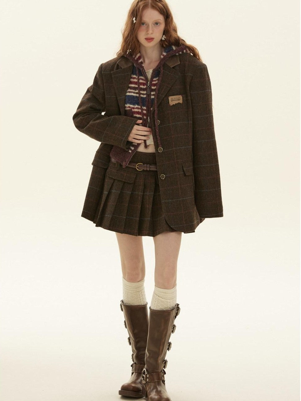 BETWEENAND Vintage Brown Plaid A Line Pleated Women&