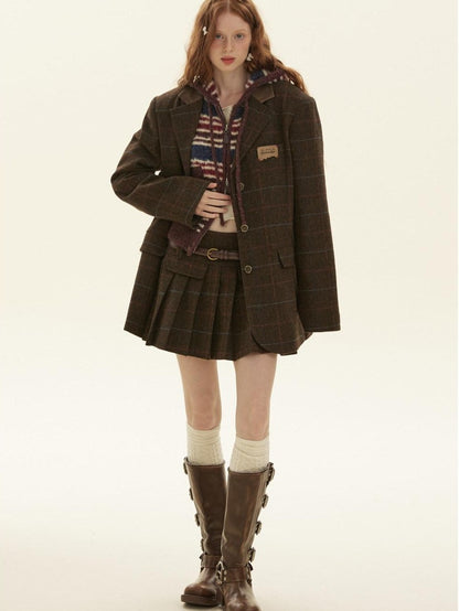 BETWEENAND Vintage Brown Plaid A Line Pleated Women&