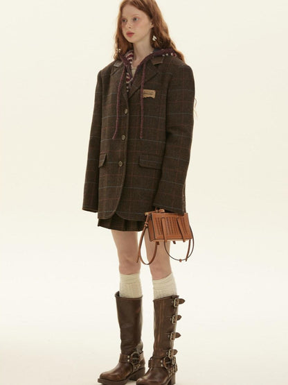 BETWEENAND Vintage Brown Plaid A Line Pleated Women&