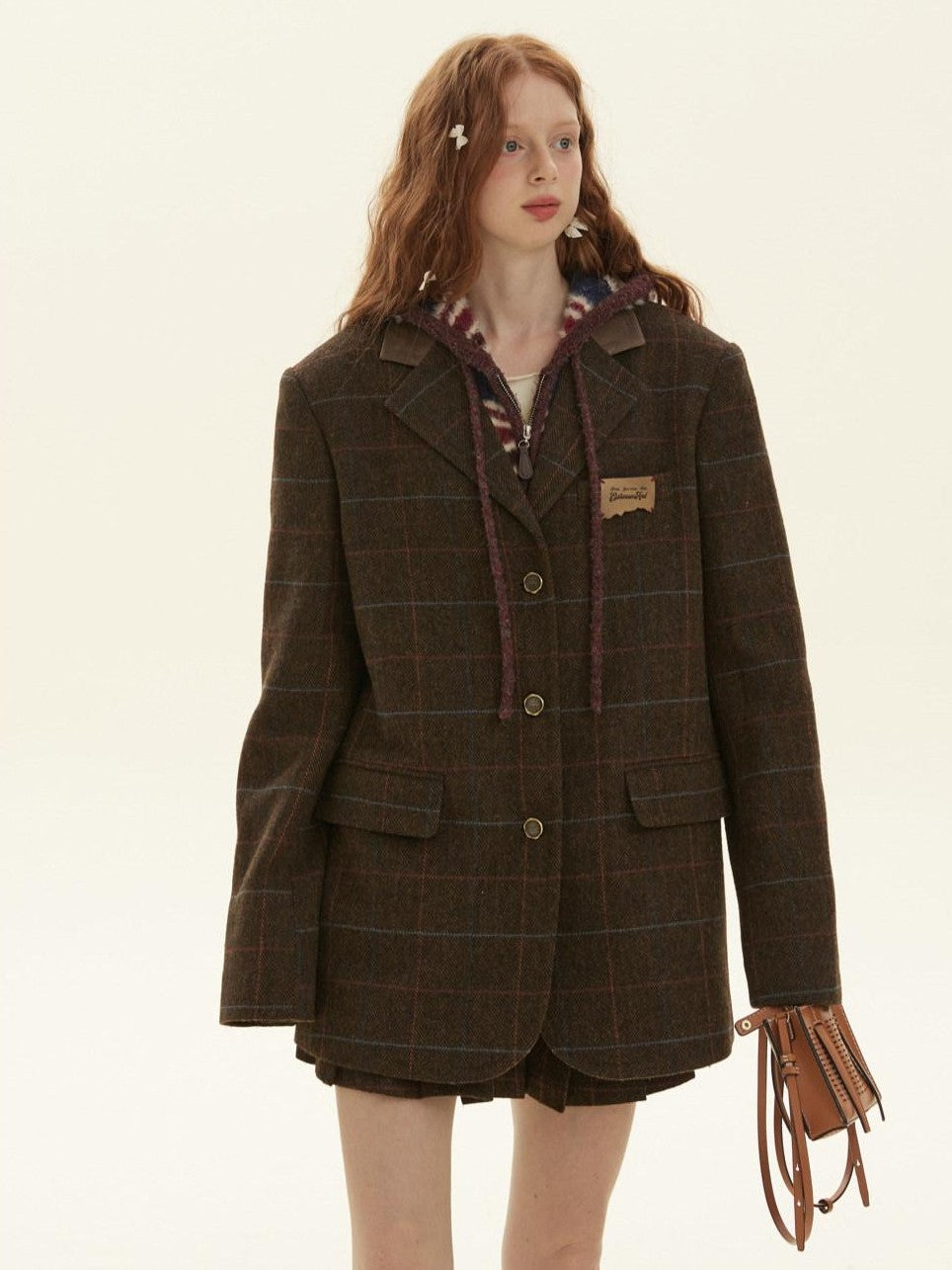 BETWEENAND Vintage Brown Plaid A Line Pleated Women&