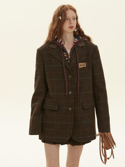BETWEENAND Vintage Brown Plaid A Line Pleated Women&