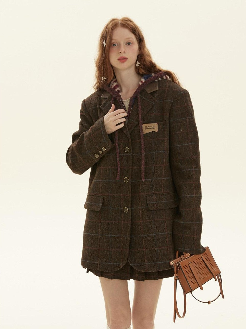 BETWEENAND Vintage Brown Plaid A Line Pleated Women&