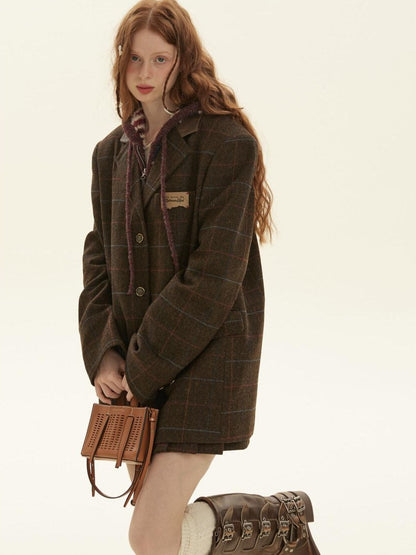 BETWEENAND Vintage Brown Plaid A Line Pleated Women&
