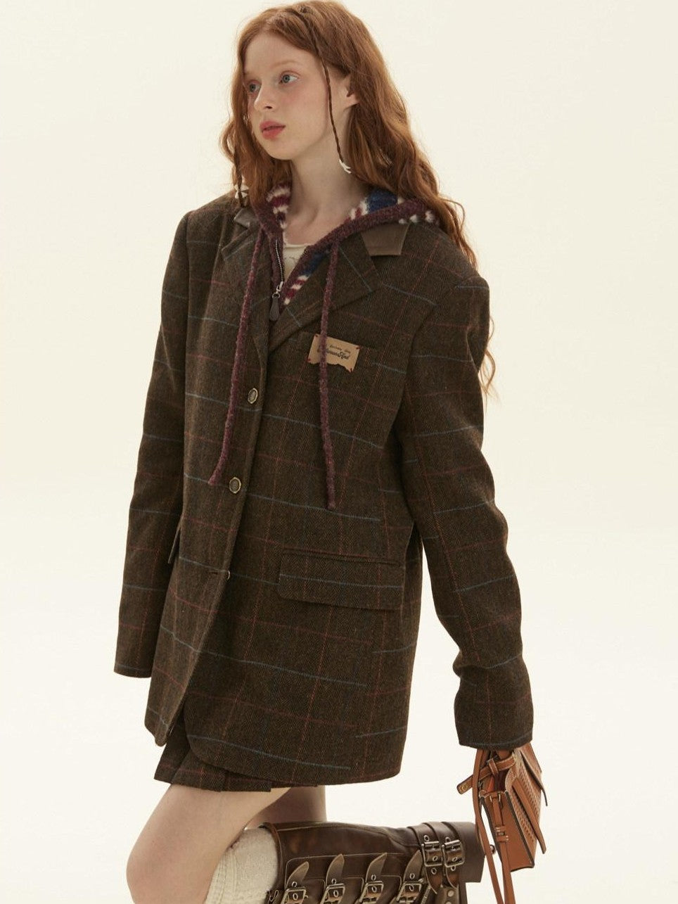 BETWEENAND Vintage Brown Plaid A Line Pleated Women&