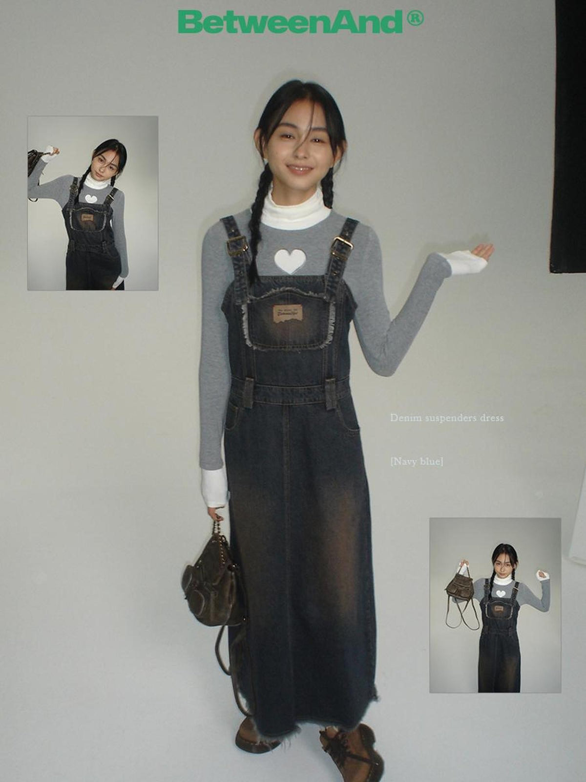 BETWEENAND Vintage Collegiate High Waist Denim Pinafore Women&