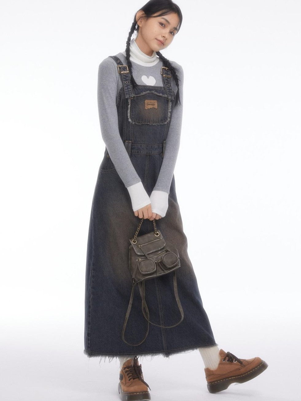 BETWEENAND Vintage Collegiate High Waist Denim Pinafore Women&
