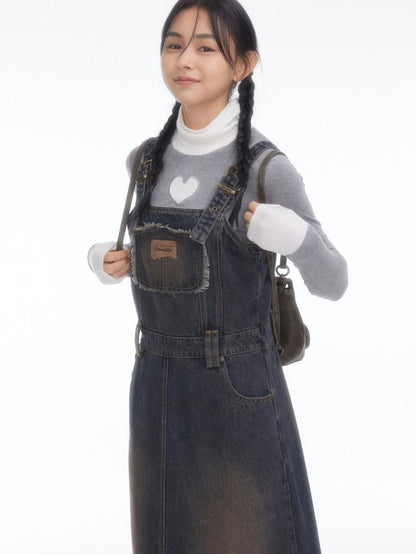 BETWEENAND Vintage Collegiate High Waist Denim Pinafore Women&