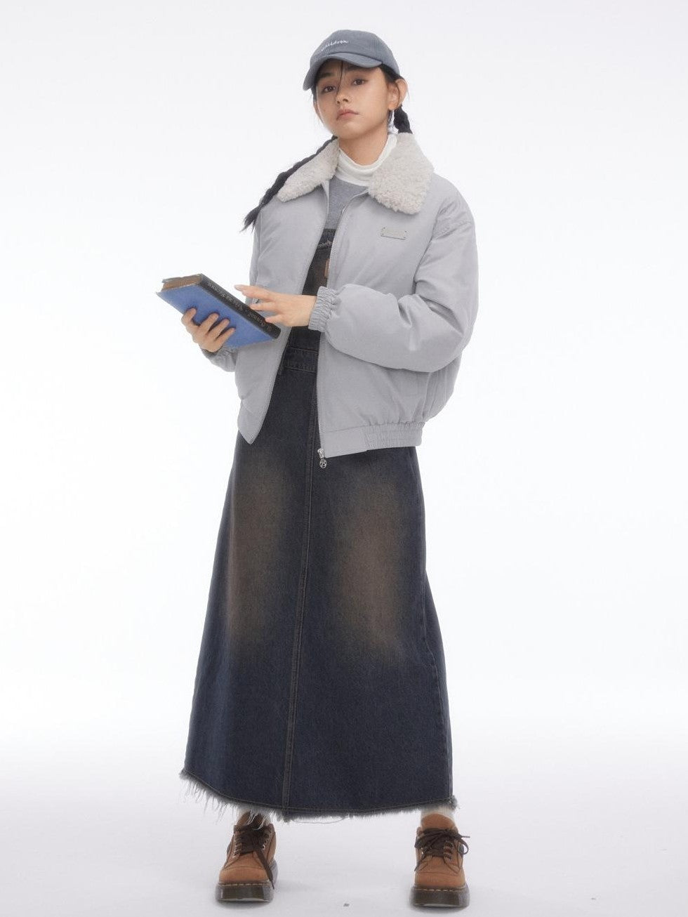 BETWEENAND Vintage Collegiate High Waist Denim Pinafore Women&
