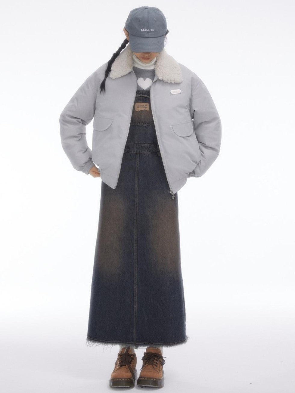BETWEENAND Vintage Collegiate High Waist Denim Pinafore Women&